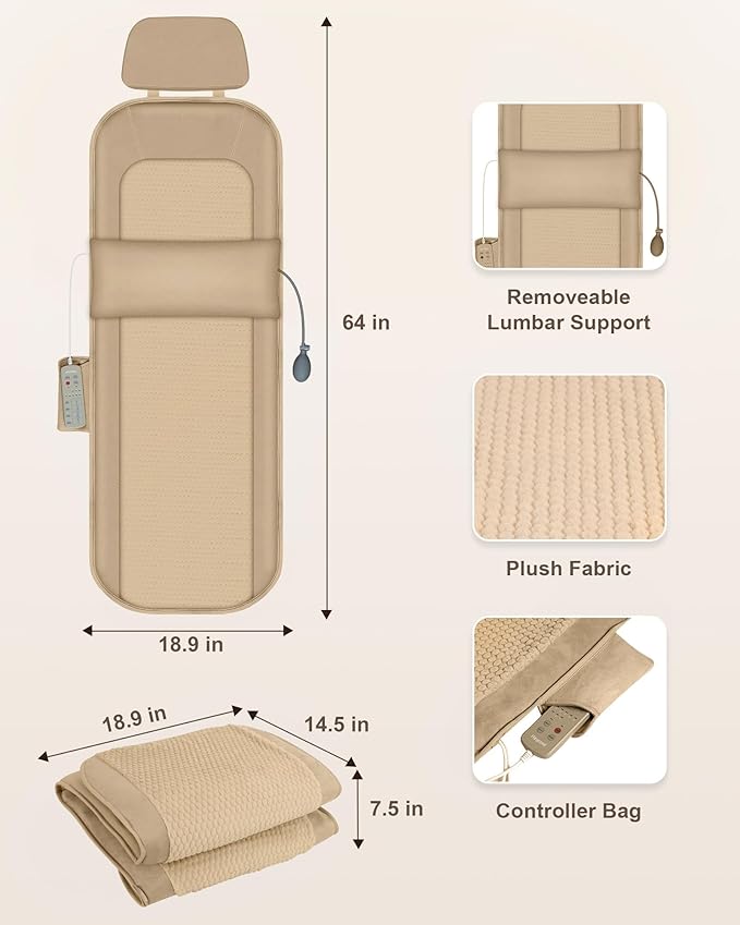 Full Body Massage Mat with Heat, Vibration Back Massager, Massage Chair Pad, 10 Vibration Motors, 2 Heating Levels, Removable Lumbar Traction & Relaxation, Foldable, Gifts