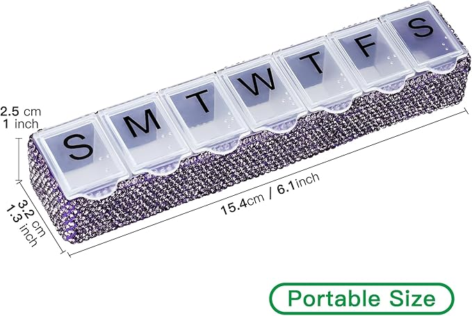 Soleebee Portable Weekly 7 Day Pill Organizer, Bling Crystal Pill Box Case, Travel Pill Planner, Pill Dispenser, Medicine Vitamin Container Organizer (Purple)