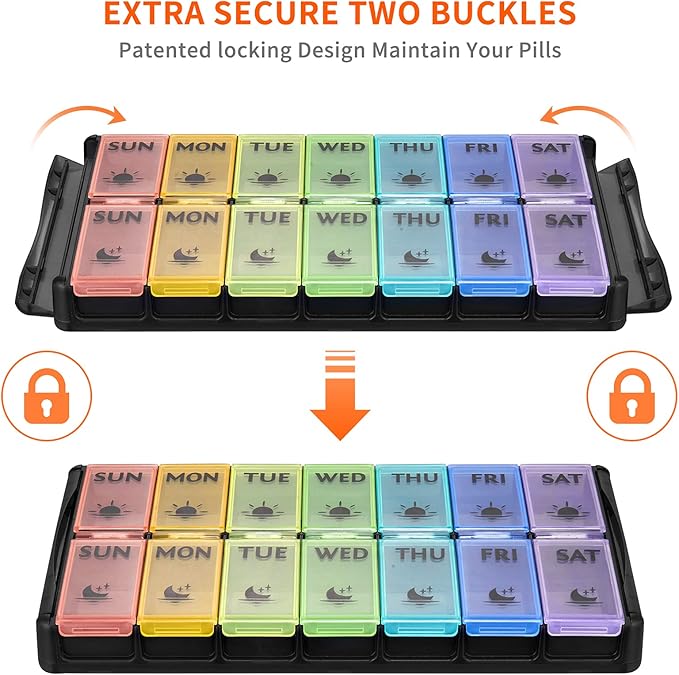 Extra Large Pill Organizer 2 Times a Day, FGcase Easy Fill AM PM Pill Box, Large Capacity Quick-Refill 7 Day Pill Cases for Pills/Vitamin/Fish Oil/Supplements Rainbow Black