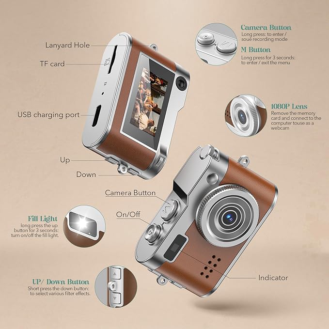 Mini Digital Camera, Keychain Camera 1080P HD with 2MP Lens, Flash, Video Recording, 32G Card Included, Portable and Compact Retro Vlog Camera for Travel, Kids, Brown