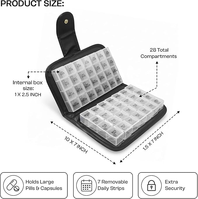 Week AM/PM Pill Organizer Box, Waterproof Travel Medicine Case, Portable Vitamin Holder, Compact Daily Pill Storage for Home, Office, and On-The-Go Use, Durable Med Organizer (Black)