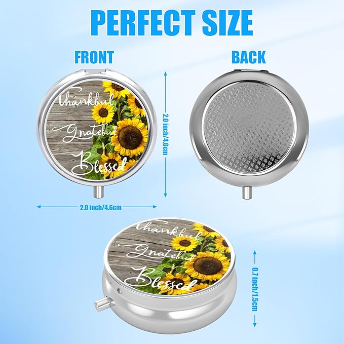 Vintage Sunflower Pill Case, Pill Box 3 Compartments Metal Small Pill Holder with Mirror Mini Travel Pill Container for Purse Pocket Women Men