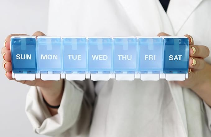 KMINA Pill Organizer Large with Push Button, Weekly Medicine Pill Organizers, 7 Day Pills Box Case Travel for Big Vitamin Supplements