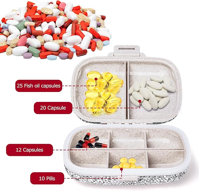 1Pack Travel Pill Organizer, 8 Compartments Portable Pill Case, Small Pill Box for Pocket Purse Portable Medicine Vitamin Container (Sparkling Silver)