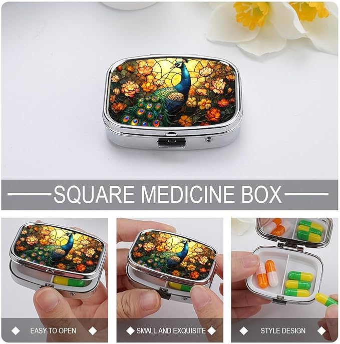 Color Peacock Pill Box 2 Compartment Stained Glass Art Portable Medicine Pill Case Travel Pill Organizer for Pocket Purse