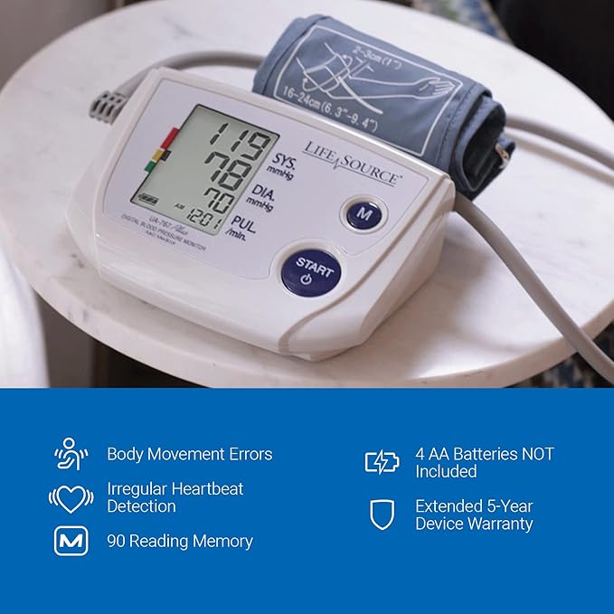 LifeSource Small Cuff Upper Arm Blood Pressure Monitor, Fits 6.3” - 9.4” Arms (UA-767PVS)