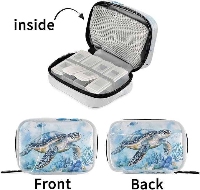 Fustylead Watercolor Sea Turtle and Coral Pill Organizers 2 Times A Day Pill Case Bag with Zipper Portable Weekly Pill Dispensers for Vitamin Supplement