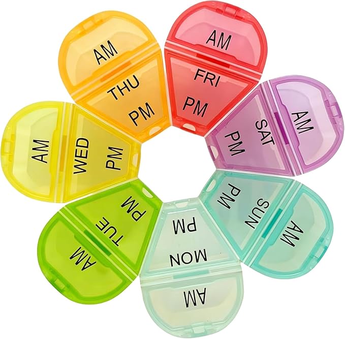 Cute 7 Day AM PM Pill Organizer, Twice a Day Weekly Pill Box with 7 Color Coded Compartments, Flower Shape Portable Travel Pill Case for Vitamins, Supplements and Medications (Multicolor, Large)