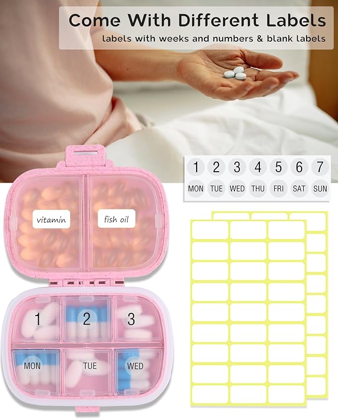 8 Compartments Travel Pill Organizer, Daily Pill Case Small Pill Box for Pocket Purse, Portable Pill Container Medicine Vitamin Organizer (Pink)