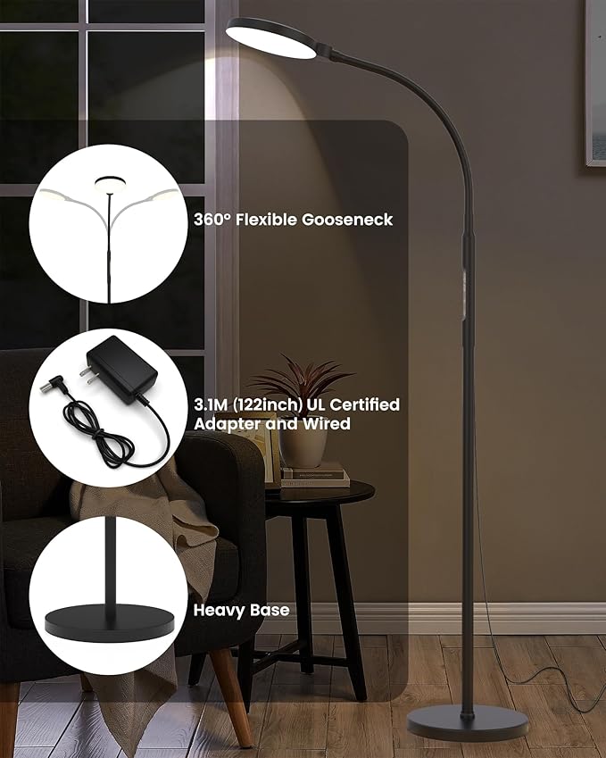 Light Therapy Lamp 11000 Lux, Full Spectrum LED UV-Free Sunlight Lamp with 10 Adjustable Brightness & 5 Color Temperatures, 3 in 1 Light Therapy Floor Lamp for Home Office, Black