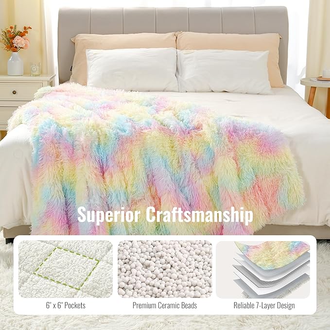 Uttermara Faux Fur Weighted Blanket 15 LBS Twin Full Size, Fluffy Fur Heavy Blanket for Sofa Bed, Super Soft Plush Fleece & Cozy Sherpa Reverse, Luxury Long Fur Adults Bed Blanket, 48" x 72", Rainbow