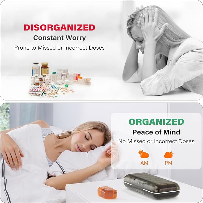 Weekly Pill Organizer 2 Times a Day, Moisture-Proof, Detachable Compartments, AM PM Pill Box 2x 7 Day, Travel Pill Organizer for Pills/Fish Oil/Medication/Vitamin/Supplements (Black + Colorful)