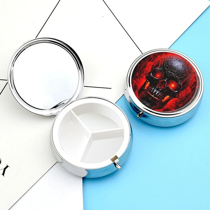 Pill Box Black and Red Skull Round Metal Pill Case with 3 Compartments Portable Mini Medicine Drug Holder Travel Medicine Tablet Vitamin Holder Organizer
