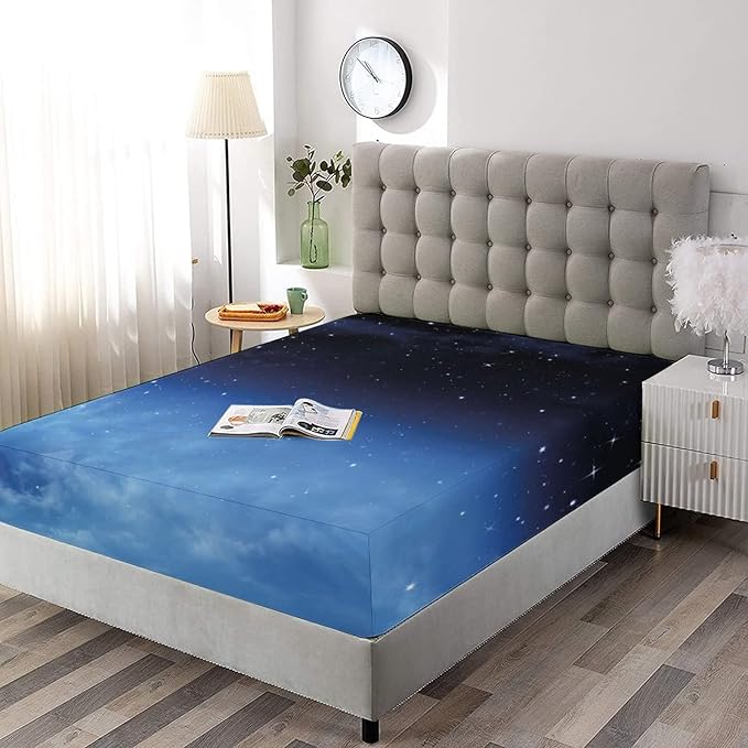 Decorative Fitted Sheet Set King Size, Night Sky Deep Pockets Fitted Sheet & 2 Pillow Sham Set, Ombre Colored Nebula Space Clouds and Dot Printed Microfiber Bedding 3pc Set,for Mattress (Deep: 5"-15")