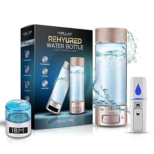 3-in-1 Hydrogen Water Bottle - Hydrogen Water Bottle Generator Ultra-High 6 PPM Concentration, 13.5oz Portable Glass, Lightweight and Portable Design, Rechargeable USB/Battery/Electric Power (Gold)