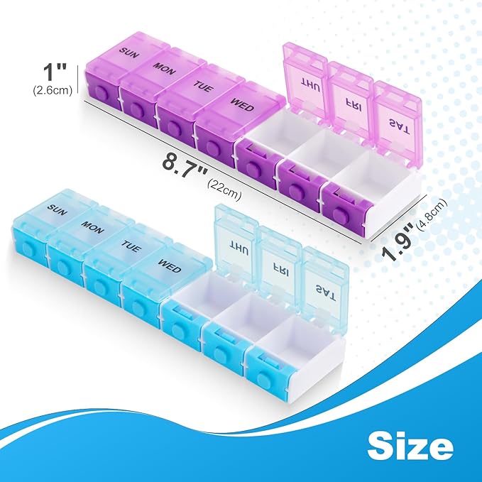 2 Pack Weekly Pill Organizer 2 Times a Day, Push Button Medicine Pill Organizer, Pill Box Case 7 Day AM PM BPA-Free, Pill Container for Vitamins, Fish Oil, Supplements Medication (Blue+Purple)