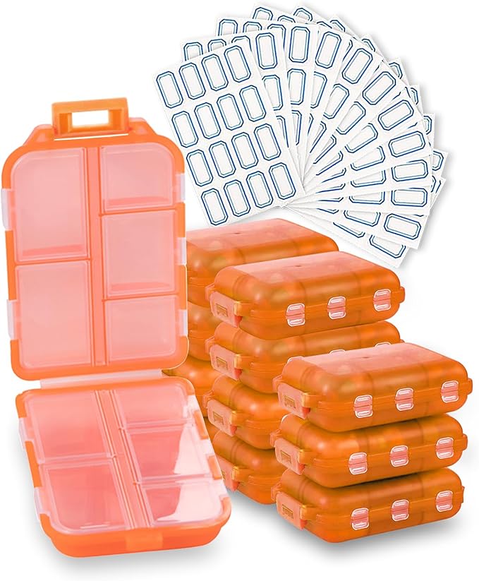 INVODA 12PCS 10-Compartment Pill Organizer BPA-Free Travel Pill Case with Daily Labels Portable Medicine Box for Vitamins, Supplements & Jewelry