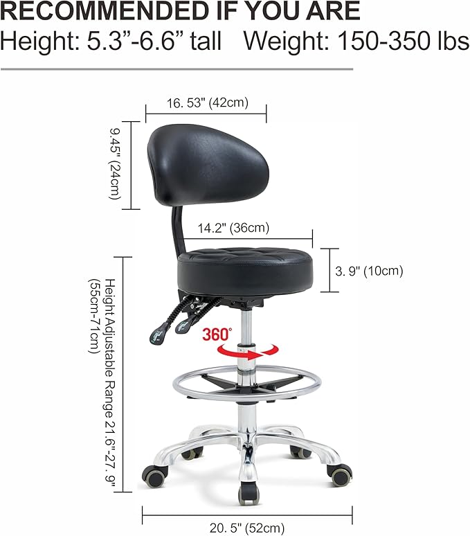 Grace & Grace Height Adjustable Rolling Swivel Tall Stool Chair with Back Support,Heavy Duty Stool with Wheels for Salon,Massage, Factory, Shop,Work (Black,with Back Support)