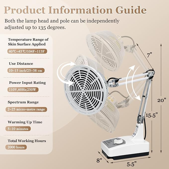 Infrared Heat Lamp - Tdp Far Infrared Mineral Heat Lamp, Therapy for Body Neck Shoulder Joints Back Pain Relief, Adjustable Home Use Heater, Desktop Portable Standing Device （110v,250w）