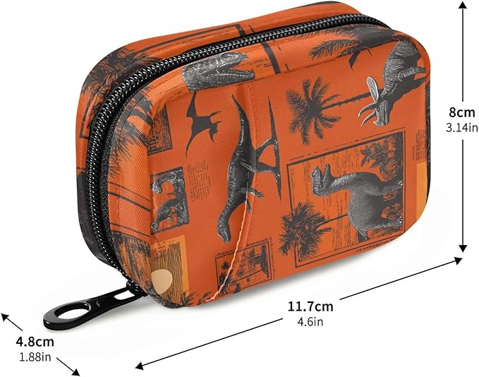 Orange Dinosaur Palm Trees Travel Pill Organizer Case Box Container Weekly Portable Vitamin Medicine Holder Storage Bag with Zipper Removable