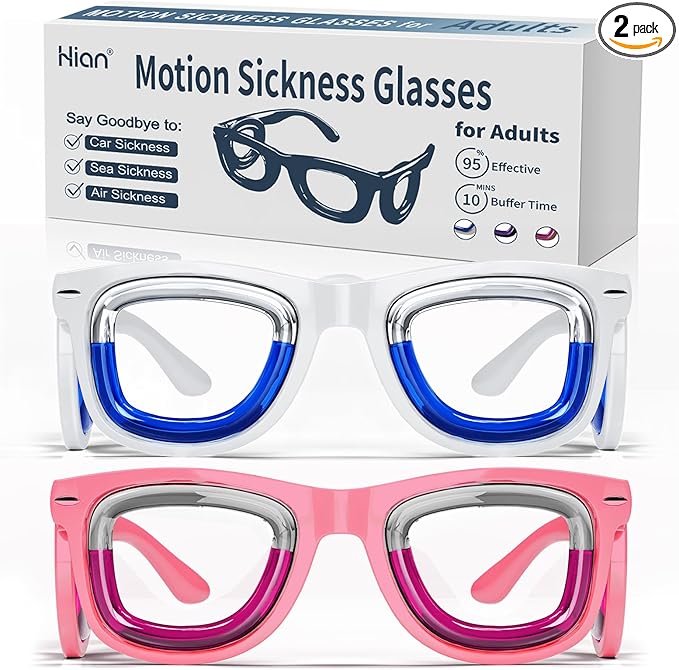 Hion 2 Pairs Adult Anti- Motion Sickness Smart Glasses, Ultra-Light Portable Nausea Relief Liquid Glasses, Carsickness Airsickness Seasickness Glasses, Kids Travel/Cruise Essentials（White+Pink