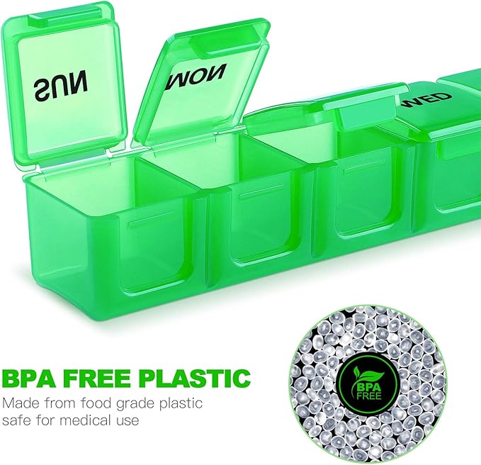 Pill Organizer XL Extra Large Weekly and Daily Pill Cases for Pills/Vitamin/Fish Oil/Supplements (Green)