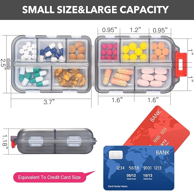 1Pack Travel Pill Organizer with 189 Medicine Labels, 10 Compartments Small Pill Case Compact and Portable Travel Pill Box for Airplane Car Purse Nurse Vacation Essentials