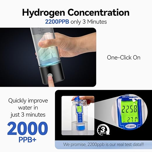 Hydrogen Water Bottle, 2200PPB in 3 Mins Hydrogen Water Generator, SPE PEM Technology, 14oz Portable Hydro Water Machine for Home, Travel, Gym | Best Health Gift for Family & Friends