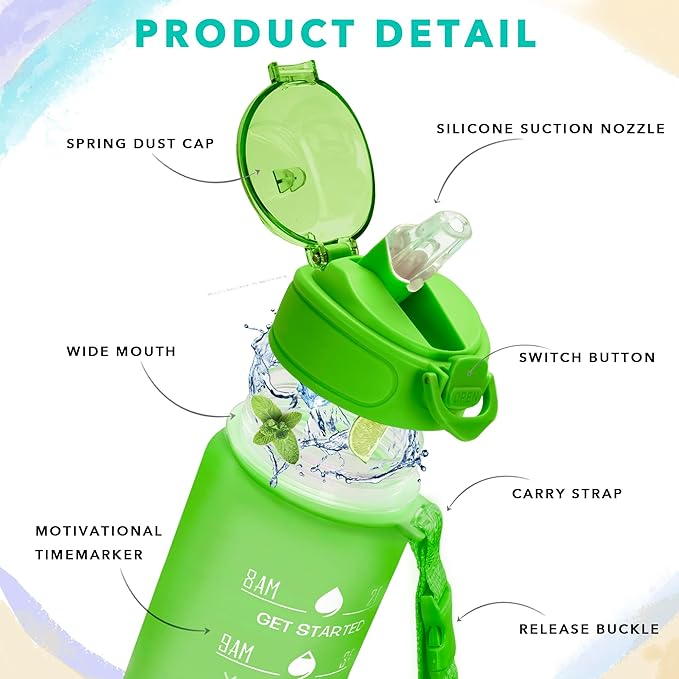Enerbone 32 oz Water Bottle with Times to Drink and Straw, Motivational Drinking Water Bottles with Carrying Strap, Leakproof BPA & Toxic Free, Ensure You Drink Enough Water for Fitness Gym Outdoor