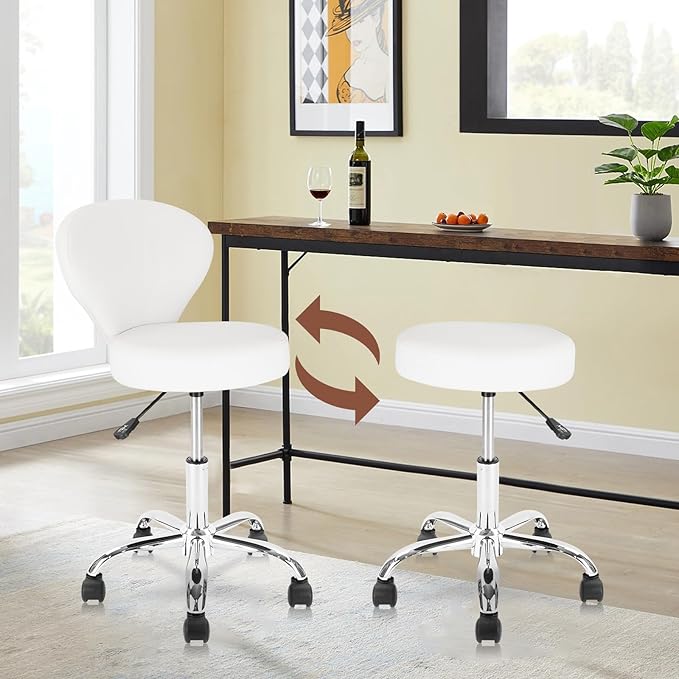 Leather Rolling Salon Stool with Back Support and Wheels Adjustable Height Swivel Spa Stools for Office Massage Facial Medical Drafting Tattoo Beauty Barber Lab Doctor Tattoo, White, 2 Pack