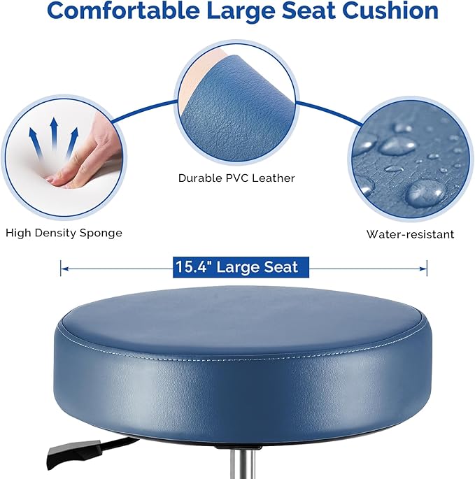 JMU Rolling Stool with Wheels, PVC Leather Large Seat, 400lbs Heavy Duty Adjustable Height for Dentists Healthcare (Seamist)