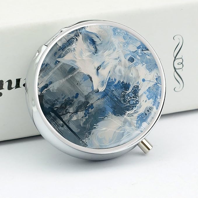 Anime White Fox Pill Box Travel Pill Case for Purse Pocket Weekly Medicine Organizer with Mirror 3 Compartment Round Medicine Case Portable PillcaseHolder for Daily