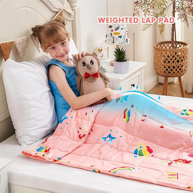 yescool Unicorn Weighted Blanket 3 Pounds Cooling Weighted Lap Blanket, Pink Rainbow Heavy Blanket, Breathable Weighted Throw Blankets Gifts for 20-40lbs, 36"x48"