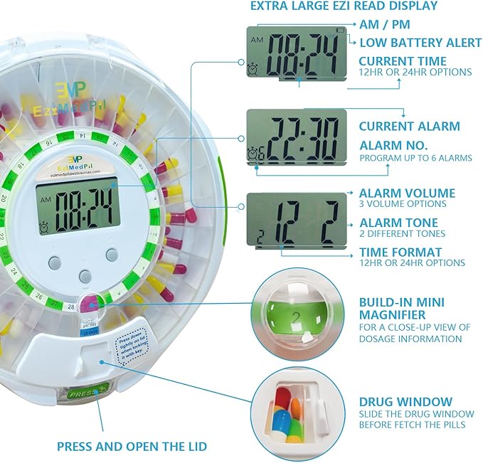 EziMedPil Automatic Pill Dispenser w/Visual &Audio Alerts, up to 6 Alarms/Day, 9 Dosage Templates, Easy-Read LCD Display, Lock Medication Dispenser w/Key for Vitamins, Prescriptions & More, Clear Lid