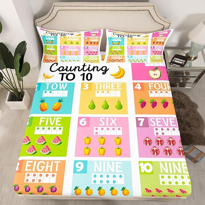 Feelyou Kids Numbers Bedding Set Twin Size, Educational Bed Sheet Set Boys Girls for Fruits Fitted Sheet Learning Teens Bedroom Decor with 1 Pillow Case (No Flat Sheet)