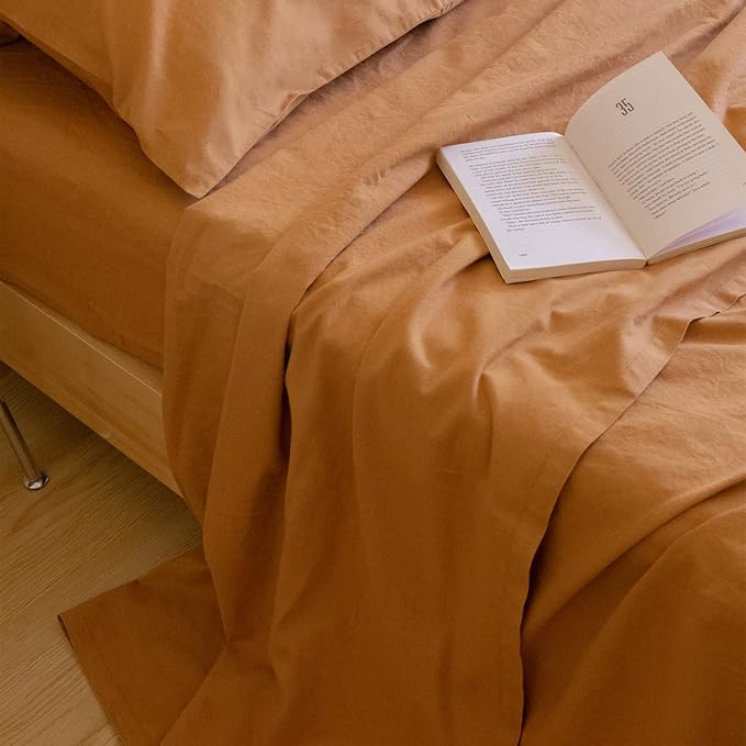 Simple&Opulence Belgian Linen Sheet Set Solid Color - 6 Pieces (1 Flat Sheet & 1 Fitted Sheet & 4 Pillowcases) 16" Deep Pocket Natural Flax Cotton Blended Soft Bedding - Rust, King Size