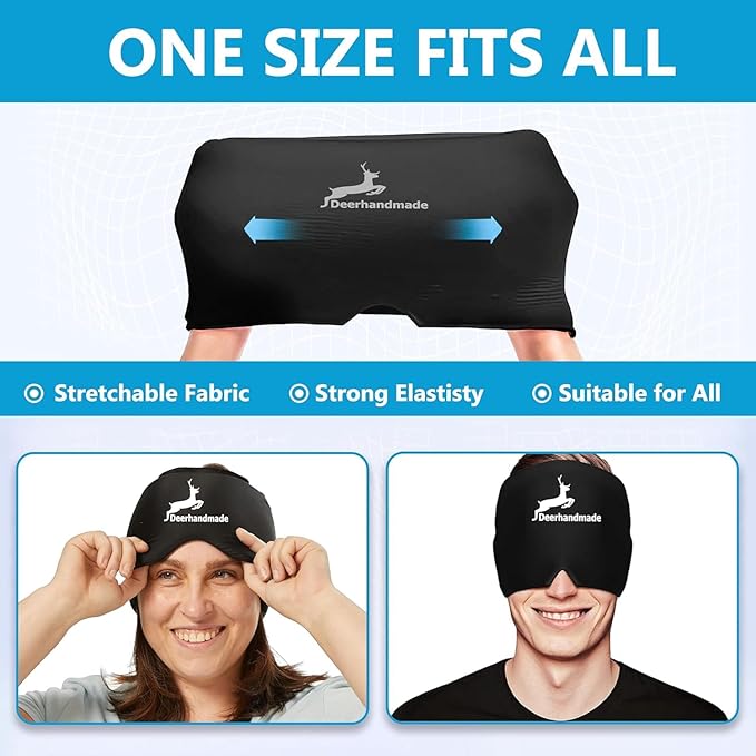 Migraine Relief Cap, One Size Fits All Hot/Cold Gel Head Wrap, Migraine Cooling Eye Mask, Strong Elastic Comfort Fit, Reusable Durable for Stress & Headache Relief, FSA|HSA Eligible, Gift Box (Black)