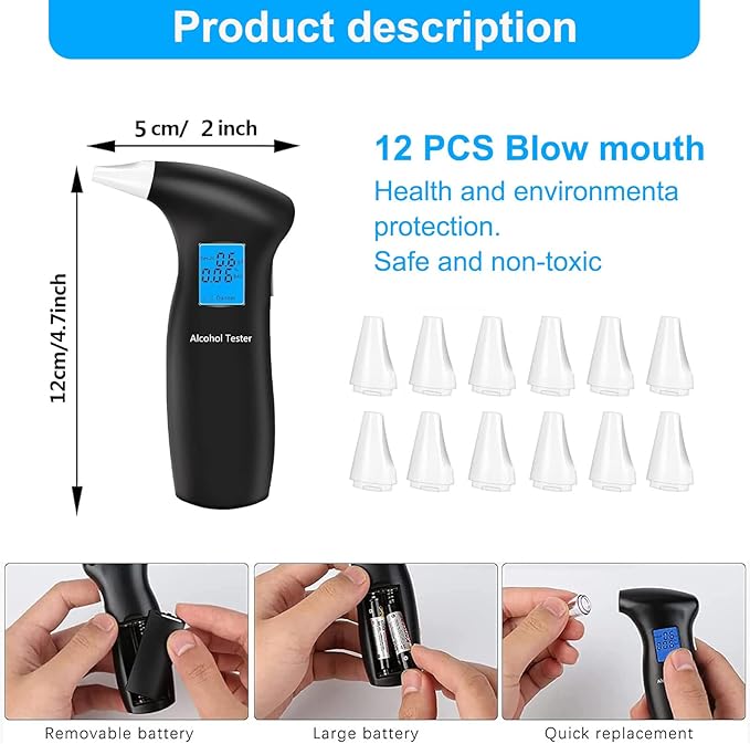 Breathalyzer with LCD Digital Display, Portable Tester for Alcohol Includes 12 Mouthpieces(Blue)