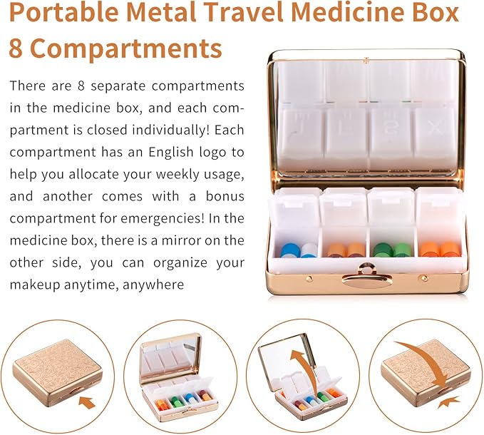 Portable Metal Travel Medicine Box with a Mirror / 8 Compartments (Gold)