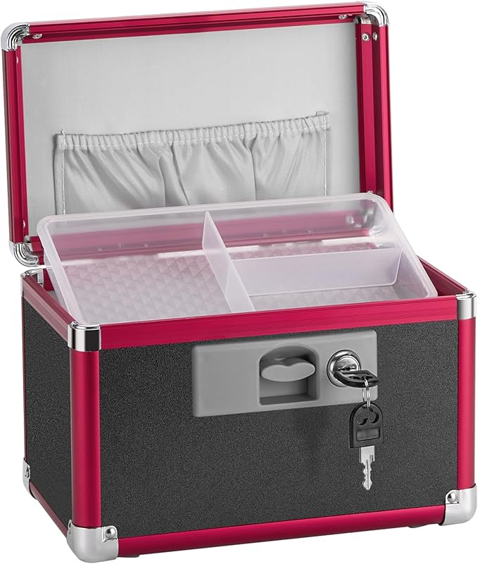 Small Medication Lock Box with Key (10"x6"x6.7") - Childproof Aluminum Medicine Storage Safe for Prescriptions & First Aid - Secure Portable Pill Organizer for Travel, Home (Black & Red)