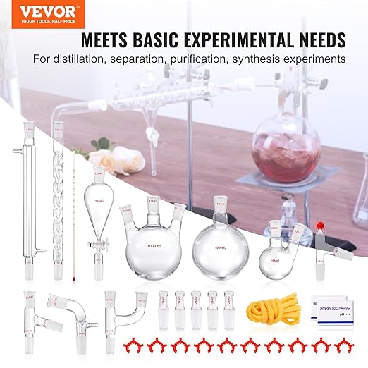 VEVOR Lab Distillation Kit, 3.3 Boro Lab Glassware Distillation Kit with 24, 40 Joint, 1000ml Essential Oil Distillation Apparatus Kit, 29 pcs Set of Glassware Equipment