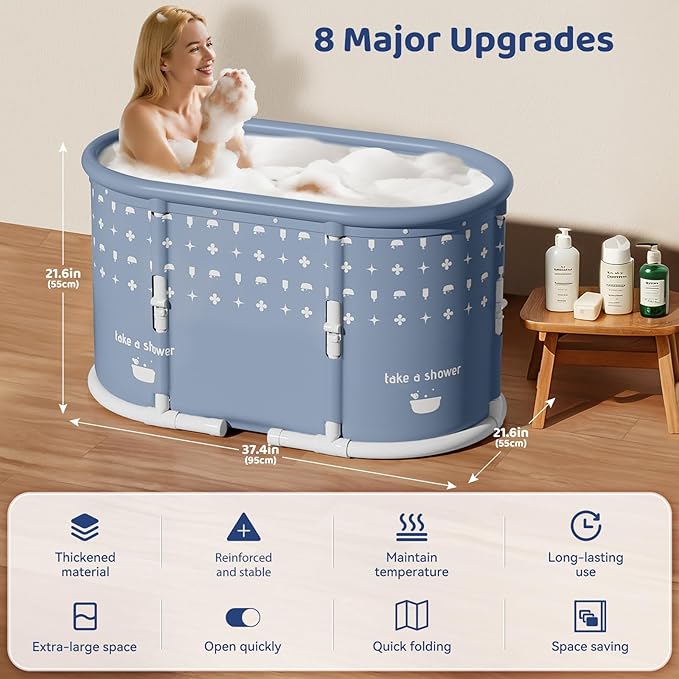 Portable Bathtub, Foldable Bathtub No Installation, Freestanding Shower Bathtubs with Cushion, Collapsible SPA Soaking Bath Tub, Hot & Ice Bath Tub for Indoor Outdoor (Light Blue Gray)