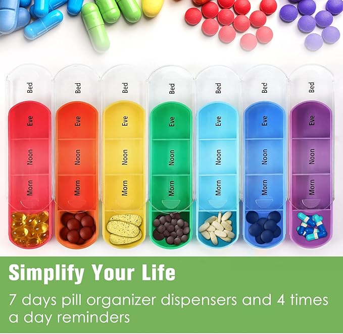FINPAC Weekly Pill Organizers 4 Times A Day, Slide Open PU Leather Case Travel Pill Vitamin Medicine Reminder and Planner with Name Card for Morning| Afternoon| Evening| Bedtime (Lilac Marble)