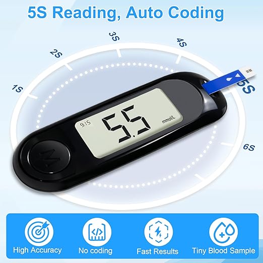 Blood Sugar Monitor,Glucose Monitor Kit with 50 Test Strips & 50 Lancets for Diabetes Testing, Blood Glucose Meter with Auto Eject, No Coding & Large LCD for Seniors