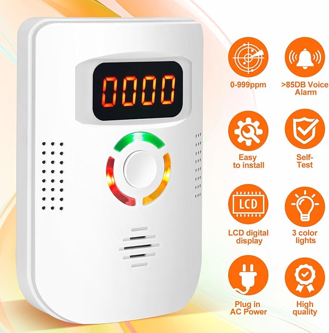 Carbon Monoxide Detectors Plug in Wall ，CO Detector 100-250V AC Power Operated，Portable Travel Carbon Monoxide Alarm with LCD Display Sound Light Warning for Home/Hotel/RV