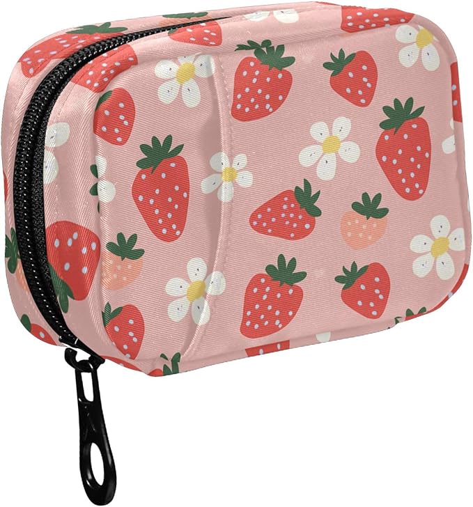 Fustylead Hand Draw Strawberry and Cute Flower on Pink Background Pill Organizer for Purse, Weekly Portable Pill Box with Zipper to Storage Vitamins Fish Oils Medications Supplements