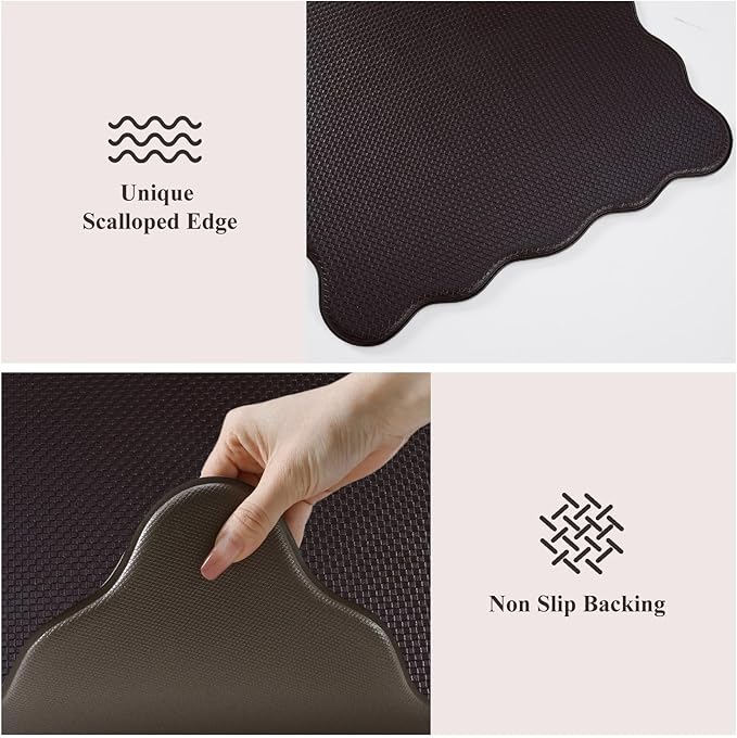 KIMODE Anti Fatigue Kitchen Mats for Kitchen Floor,Scalloped Kitchen Rugs Sets of 2 Non Slip,Cushioned Padded Memory Foam Kitchen Floor Mat Carpet for Office Laundry Sink,Brown