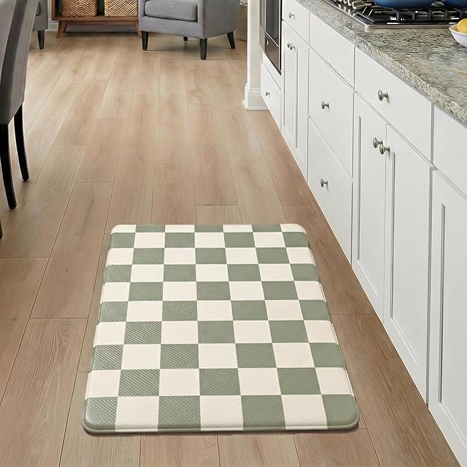 Beige Sage Checkered Grid Checkerboard Kitchen Rug Sets [2 PCs], Anti-Fatigue, Waterproof Non-Slip Kitchen Mats Heavy Duty Comfort Foam Rug for Kitchen, Floor, Laundry,17"x29"