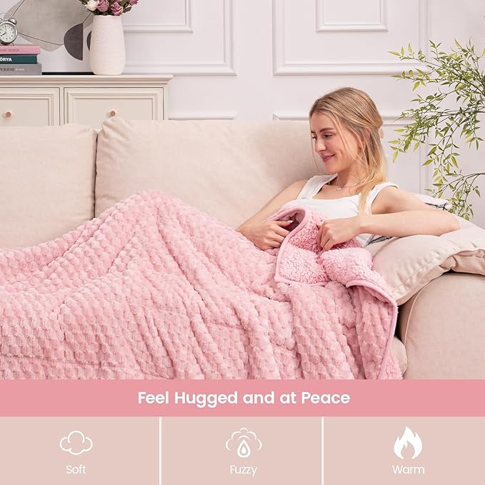 Super Fuzzy Soft Fleece Sherpa Weighted Blanket 20 lbs for Adults, 3D Imitation Turtle Shell Luxury Weighted Throw for Better Sleep, Dual Sided Cozy Heavy Blankets for Couch Bed, Pink, 60" x 80"