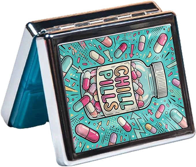 Metal 7 Day Pill Organizer, Cute Small Weekly Pill Case with 8 Compartments for Travel, Moisture-Proof Medicine Holder for Purse, Compact Daily Vitamin Box (Chill Pills)